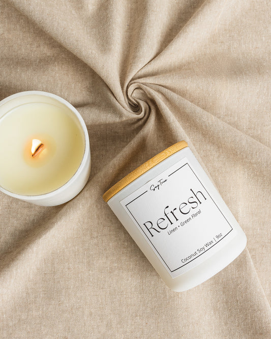 "Refresh" Linen & Green Floral Candle